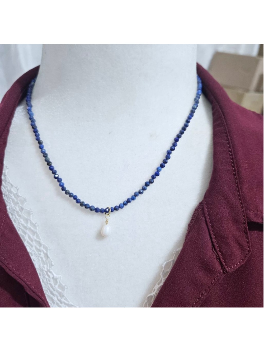 Lapis Lazuli Dainty Pearl Beaded Women's Necklace